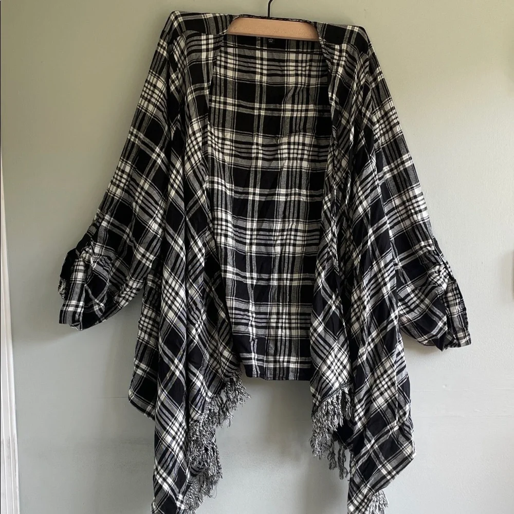 Torrid Black and White Plaid Fringe Poncho